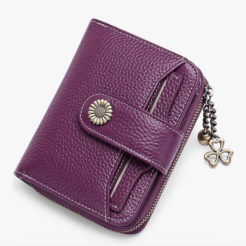 Purple Leather Wallet with Sunflower Design